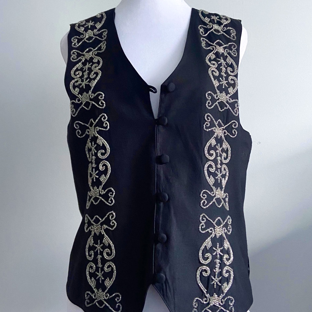 Beaded Satin -Like Marcella Blazer Vest Fabric Buttons Womens Dress Holiday